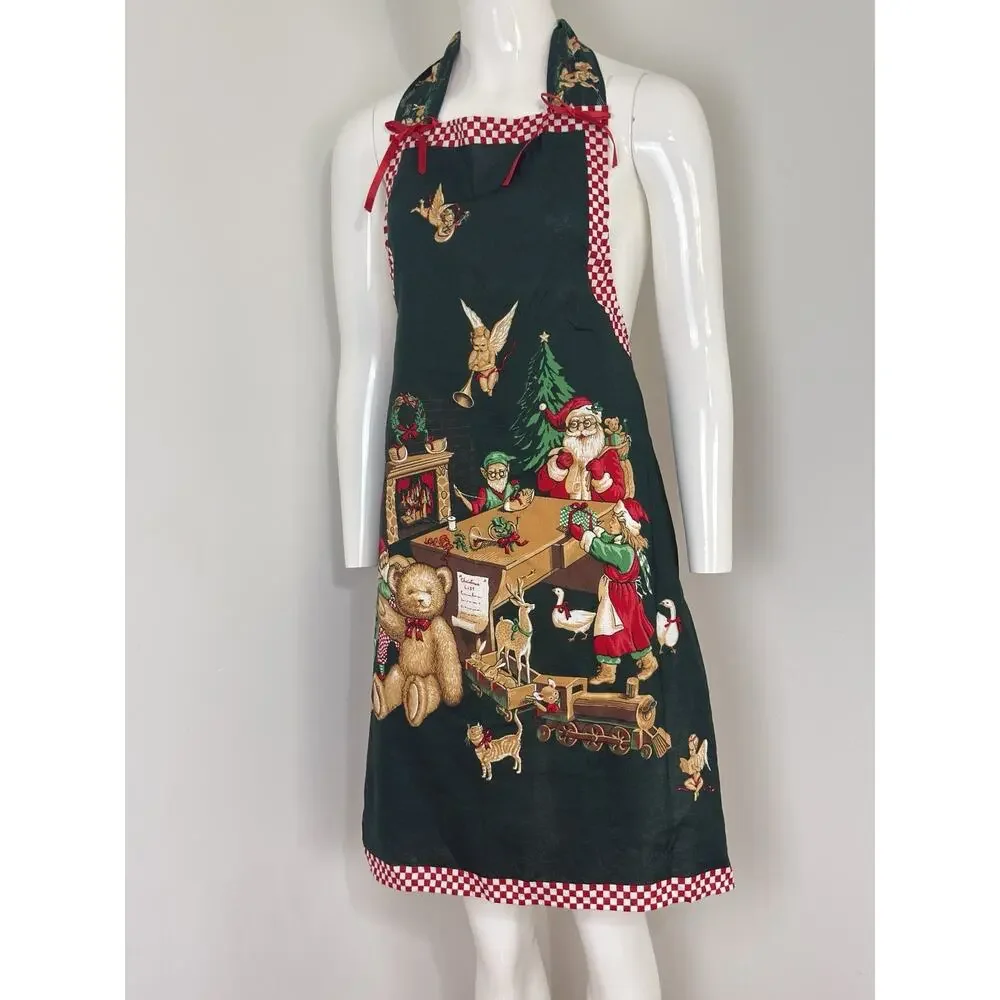 Vintage Handmade Christmas Apron Santa Teddy Bear Holiday Kitchen Gingham Trim